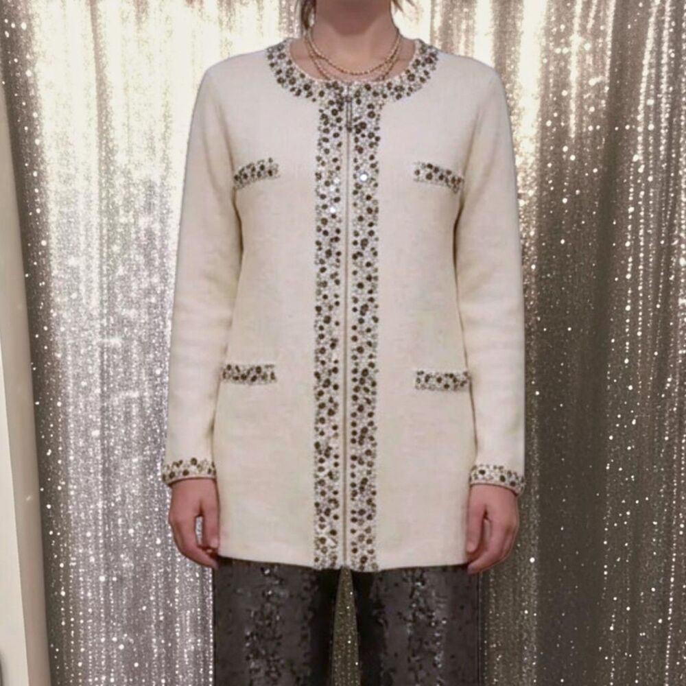 St. John Glam Evening Cream Embellished Evening Cardigan Size 12~$900